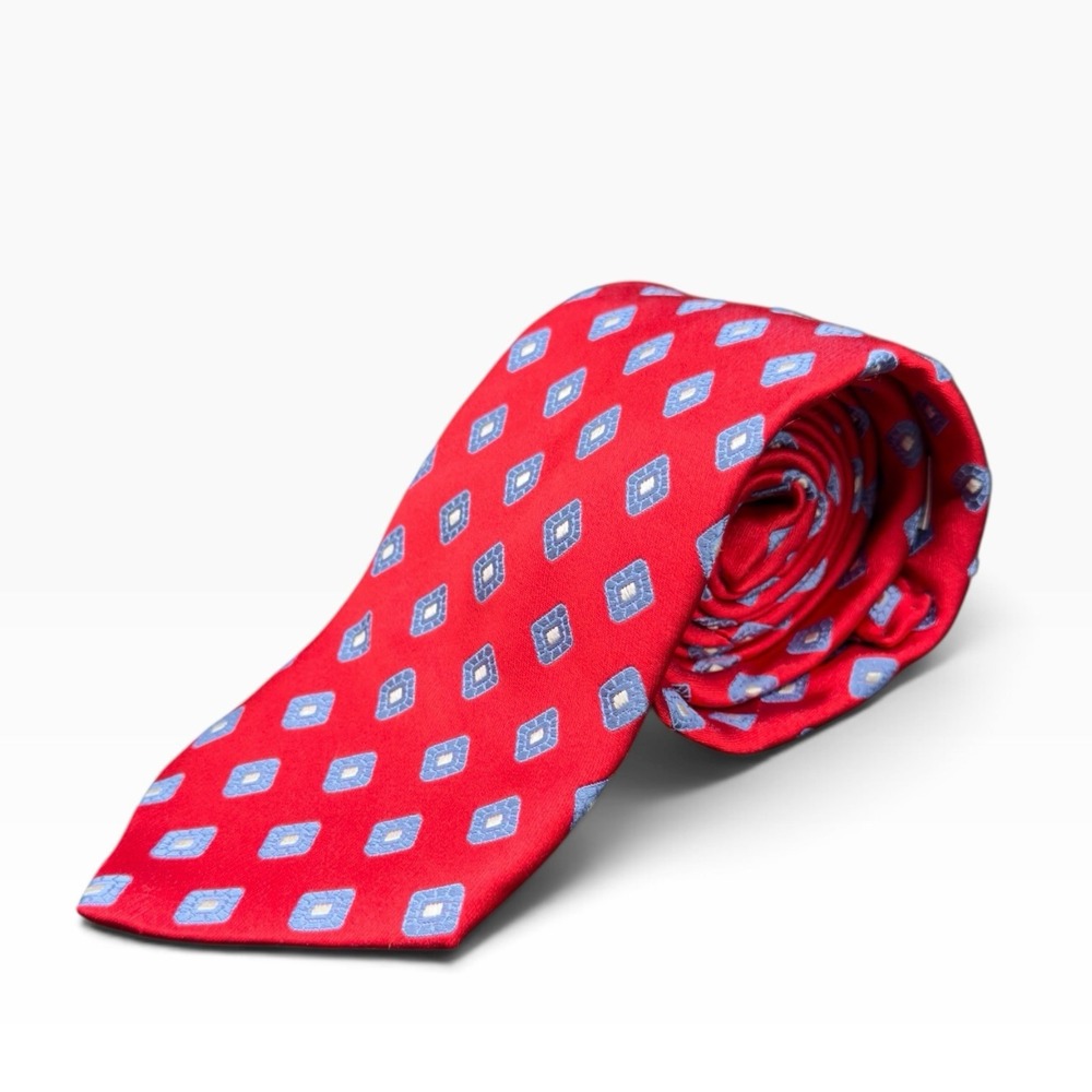 Peter Millar Silk Necktie Red Blue Geometric Geometric Diamond Pattern Italian